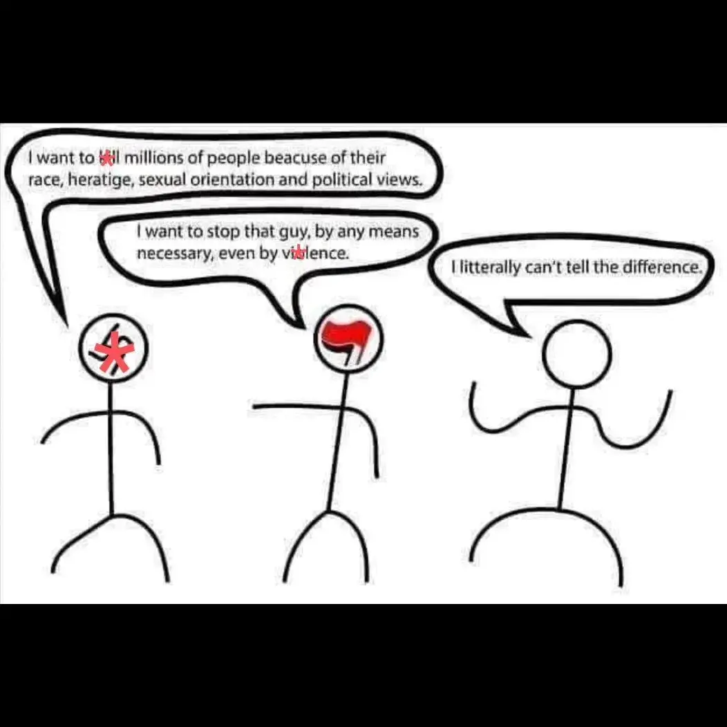 Image showing a stick figure saying they want to destroy a group of people, another saying they want to stop the first by any means, and a third claiming they're exactly the same.