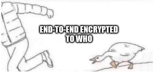 goose chasing person meme template, caption "end-to-end encrypted to who"