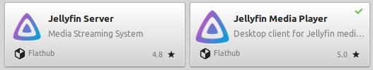 Capture from software manager that shows jellyfin server and jellyfin media player available to install from flathub.